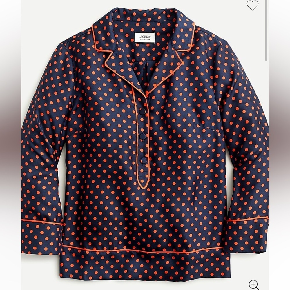 NEW J. Crew Collection Silk-Twill Navy/Orange Polka Dot Popover Blouse Size M - Picture 2 of 8